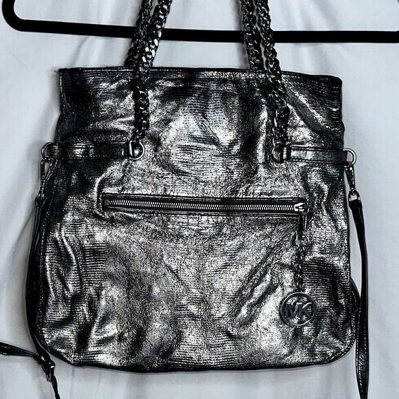 Michael Kors Silver Lacey Fold Over Tote with MK Charm Chain Handles - Picture 1 of 11